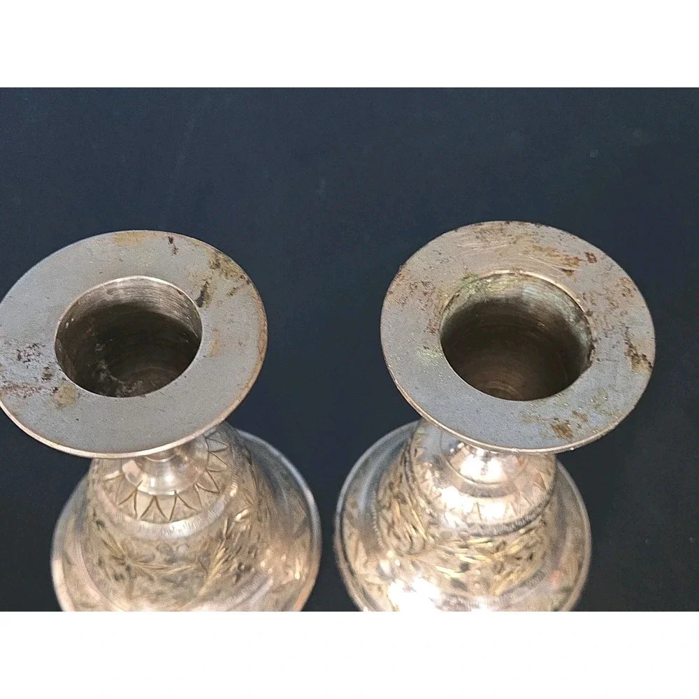 Vintage Z.Y. India World Gift Metal Service Bell Candle Stick Holders Set of 2